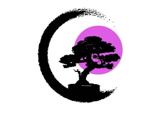 Logotipo de árbol de bonsái japonés, iconos de silueta de planta negra sobre fondo blanco, silueta de ecología verde de bonsái y luna o sol rosa. Imagen detallada. Concepto de naturaleza biológica. Icono japonés. Vector aislado — Vector de stock