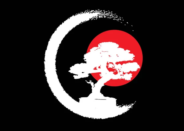 Japanese bonsai tree logo, white plant silhouette icons on black background, green ecology silhouette of bonsai and red sunset. Detailed image. Bio nature concept. Japanese flag icon. Vector isolated — Stock Vector