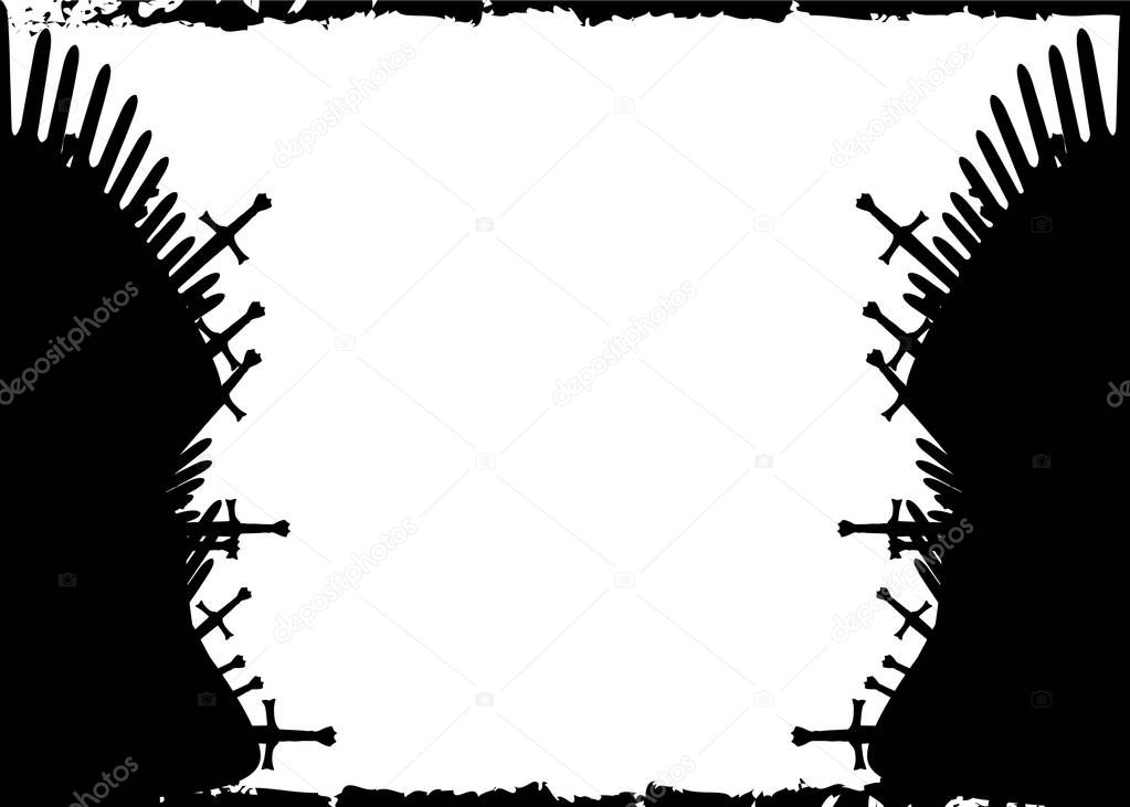 Thrones template. Hand drawn iron throne of Westeros made of antique swords or metal blades. Ceremonial chair built of weapon isolated on white background. Vector grungy fantasy design element