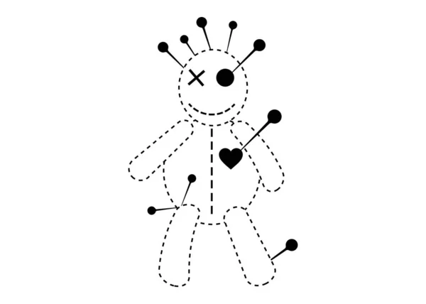Voodoo Doll Halloween Concept Line Icon, muñeca de dibujos animados en el amor no correspondido, diseño de la camiseta, vector aislado en fondo blanco — Vector de stock