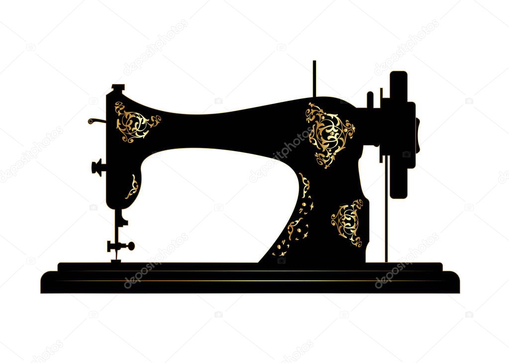 Tailor vector logo. Sewing machine logo template. Fashion logo. Old Vintage Sewing machine with retro floral golden decorations vector icon isolated on white background