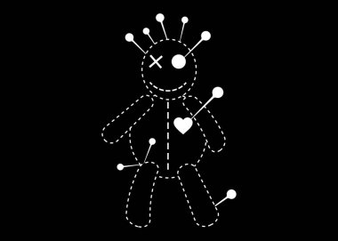 Voodoo Doll Halloween Concept Line Icon, karşılıksız aşk karikatür bebek, T-shirt tasarımı, vektör Siyah Arka Plan izole