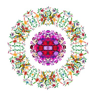 Nakış çiçek ve tavus kuşu orman hayvanları el yapımı etnik Meksika goblen. Naif baskı halk süslemeleri. Latin, İspanyol, Akdeniz tarzı. Renkli dairesel tekstil çiçek mandala izole