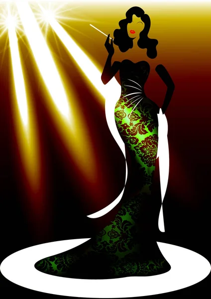 Template Shop логотип моды женщина, силуэт дива и прожектор. Дизайн бренда компании, красивая роскошная обложка девушка ретро женщина в дамаске шаблон платье, стиль и полосатый вечернее платье 1940-х годов — стоковый вектор