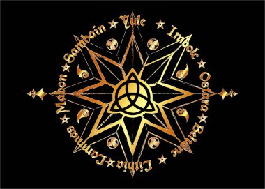 Gold Book Of Shadows Wheel Of The Year Modern Paganism Wicca. Wiccan calendar and holidays. Golden Compass with in the middle Triquetra symbol from charmed celtic. Vector isolated on black background  clipart