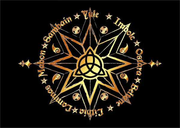 Gouden Boek van schaduwen wiel van het jaar moderne heidendom Wicca. Wicca kalender en feestdagen. Gouden Kompas met in het midden Triquetra symbool van gecharmeerd Celtic. Vector geïsoleerd op zwarte achtergrond — Stockvector