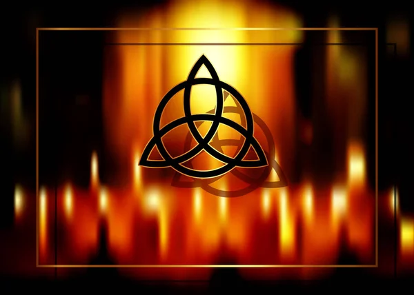 Triquetra, Trinity Knot, Koruma için Wiccan sembolü. Yanan sihirli mumların bulanık ateş arka planı. Kehanet ve ezoterikizm için vektör mistik antik gizli sembolü — Stok Vektör