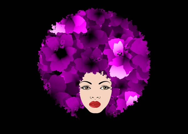 Purple decorative composition with silhouette portrait girl. Beauty center concept, hairstyle salon, Spa. Purple floral headdress in curly coiffed. Portrait of young beautiful woman with flowers — Stock Vector