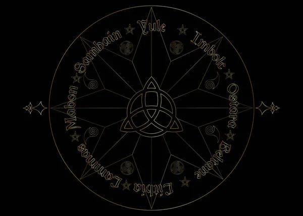 Livre D'or Des Ombres Roue De L'année Paganisme Moderne Wicca. Calendrier wiccan et jours fériés. Boussole dorée avec au milieu symbole Triquetra de charme celtique. Vecteur isolé sur fond noir — Image vectorielle