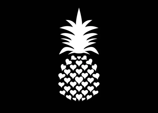 Ananas se symbolem listové loga, návrh tvaru srdce. Tropické ovoce izolované na černém pozadí. Symbol jídla, sladké, exotické a letní, vitamín, zdravý. Značka přírody. Koncepce bytu — Stockový vektor