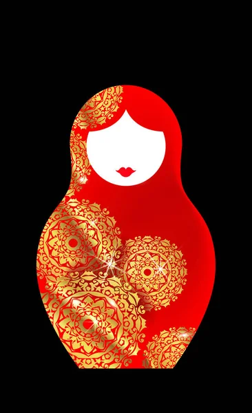 Muñeca de anidación rusa matryoshka, icono Muñeca rusa roja de lujo con adorno de mandala dorado. Mujer india estilo sari. Plantilla para tarjeta de felicitación, invitación, marcador y etiqueta concepto de fondo — Archivo Imágenes Vectoriales