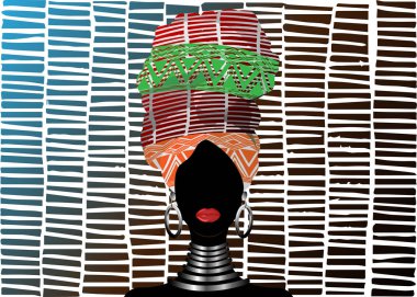 Afrika eşarp, çizgili sarık portre Afro kadında. Kabile şal moda, Ankara, başşehir, kitenge, Afrika Bayan elbise. Nijeryalı stil, Gana'lı headwrap. Vektör baskı, poster, tişört, kart
