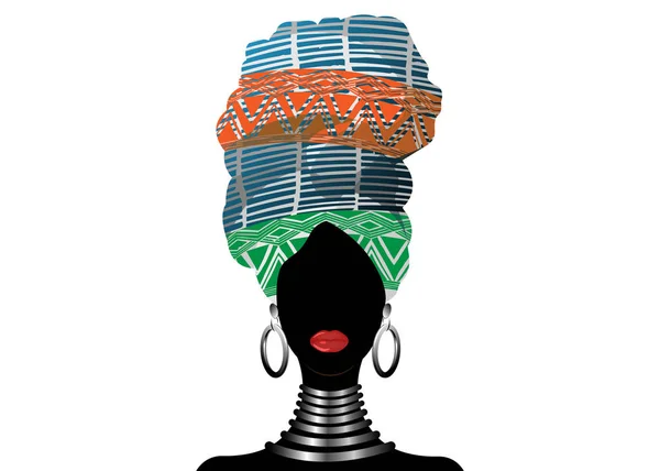 Lenço africano, retrato de uma mulher afro num turbante listrado. Moda de agasalho tribal, Ancara, Kente, kitenge, vestidos de mulheres africanos. Ao estilo nigeriano, um embrulho ganês. Vetor para impressão, cartaz, t-shirt, cartão — Vetor de Stock