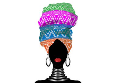 Afrika eşarp, portre geometrik türban içinde Afro kadın. Kabile Wrap moda, Ankara, Kenté, Kitenge, Afrikalı kadın elbiseler. Nijeryalı tarzı, Gana headwrap. Vektör baskı, poster, t-shirt, kart için