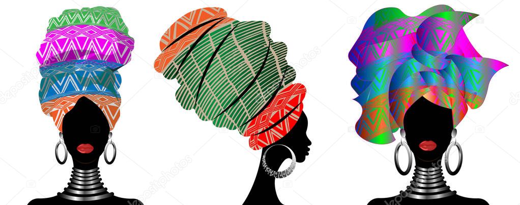 Set African scarf, portrait Afro women in a striped turban. Tribal Wrap fashion, Ankara, Kente, kitenge, African woman dresses. Nigerian style, Ghanaian headwrap. Vector for Print, poster, t-shirt