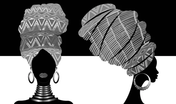 Állítsa afrikai sálat, portré afro nők egy csíkos turbán. Törzsi wrap divat, Ankara, kente, kitenge, afrikai nő ruhák. Nigériai stílusban, Ghanaian headwrap. Nyomtatott vektor, plakát, póló — Stock Vector