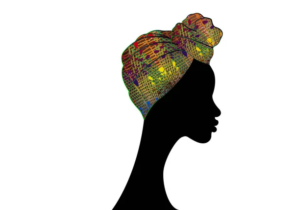 Retrato hermosa mujer afro. Shenbolen Ankara Headwrap Mujer Africana Tradicional Headtie Bufanda Turbante. Cabeza colorida Kente envuelve diseño de tela africana. Vector icono logo aislado fondo blanco — Archivo Imágenes Vectoriales