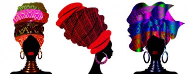 Afrika eşarp, portre Afro kadın çizgili türban ayarlayın. Kabile Wrap moda, Ankara, Kenté, Kitenge, Afrikalı kadın elbiseler. Nijeryalı tarzı, Gana headwrap. Vektör baskı, poster, t-shirt için