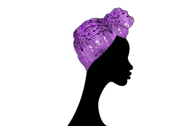 Портрет красивой афро-женщины. Shenbolen Ankara Headwap Women African Traditional Headtie Scarf Turban. Разноцветный шарф из африканской ткани. Векторный логотип логотипа белый фон — стоковый вектор