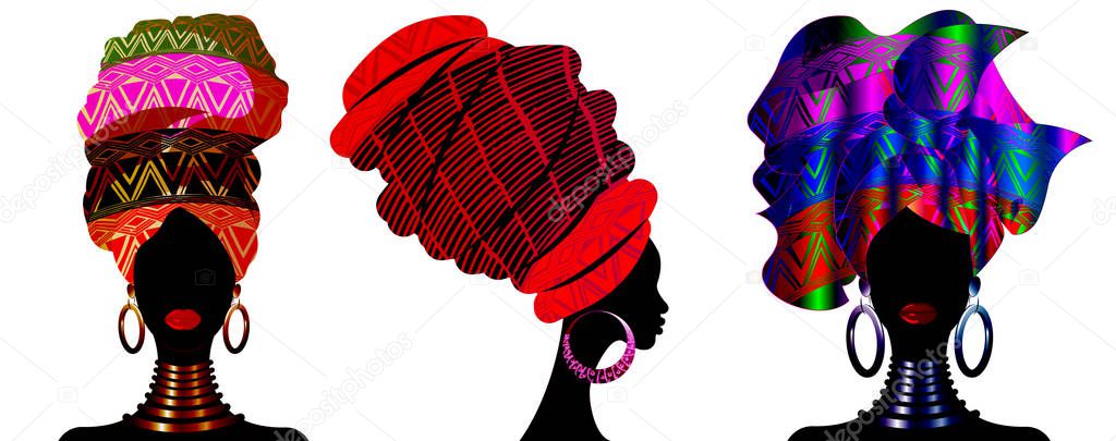 Set African scarf, portrait Afro women in a striped turban. Tribal Wrap fashion, Ankara, Kente, kitenge, African woman dresses. Nigerian style, Ghanaian headwrap. Vector for Print, poster, t-shirt