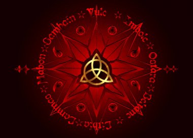 Book Of Shadows Wheel Of The Year Modern Paganism Wicca. Wiccan calendar and holidays. Red Compass with in the middle gold Triquetra symbol from charmed celtic. Vector isolated on black background clipart
