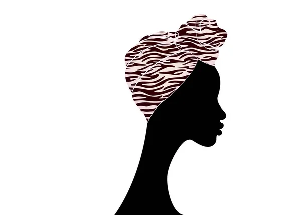 Πορτρέτο όμορφη Αφρο γυναίκα. Ο σένμπολεν Άγκυρας δένει με το κεφάλι γυναίκες αφρικανικό παραδοσιακό φουλάρι κασκόλ. Πολύχρωμα kente κεφάλι τυλίγει το σχεδιασμό αφρικανικού υφάσματος, υφή ζέβρα. Είδωλο διανυσματικό λογότυπο απομονωμένο — Διανυσματικό Αρχείο