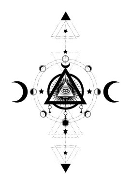 Providence 'ın gözü. Masonik sembolü. Üç ay pagan Wicca Moon Tanrıça sembolü içinde tüm görme göz. Vektör Illustration. Dövme, Astroloji, simya, Boho ve büyü sembolü. Ay fazı çemberi