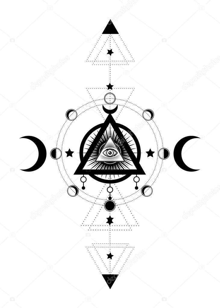 Eye of Providence. Masonic symbol. All seeing eye inside triple moon pagan Wicca moon goddess symbol. Vector illustration. Tattoo, astrology, alchemy, boho and magic symbol. Circle of a moon phase