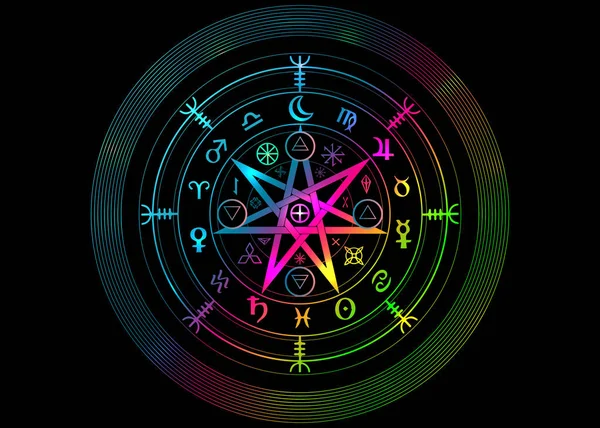 Το μαγικό σύμβολο της προστασίας. Μανδάλα Μάγισσες ρούνους, Μυστικιστική μαγεία μαντεία. Boho στυλ Πολύχρωμα Αρχαία αποκρυφιστικά σύμβολα, Γη Zodiac Τροχός της Χρονιάς Αστρολογικά σημάδια, διάνυσμα απομονωμένο ή μαύρο — Διανυσματικό Αρχείο