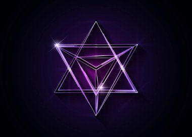 Kutsal geometri. 3D Neon merkaba ince çizgi geometrik üçgen şekli. Esoterik veya manevi sembolü. koyu kırmızı arka planda izole edilmiştir. Yıldız tetrahedron simgesi. Işık ruhu vücudu, Wicca Esoterik kehanet