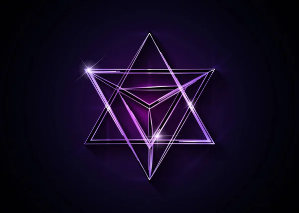 Sacred geometry. 3D neon Merkaba thin line geometric triangle shape. esoteric or spiritual symbol. isolated on dark red background. Star tetrahedron icon. Light spirit body, wicca esoteric divination — Stock Vector