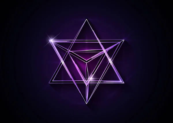 Geometri suci. 3D neon Merkaba garis tipis bentuk segitiga geometris. esoteris atau simbol spiritual. terisolasi pada latar belakang merah gelap. Ikon bintang tetrahedron. Tubuh roh cahaya, wicca peramalan esoterik - Stok Vektor