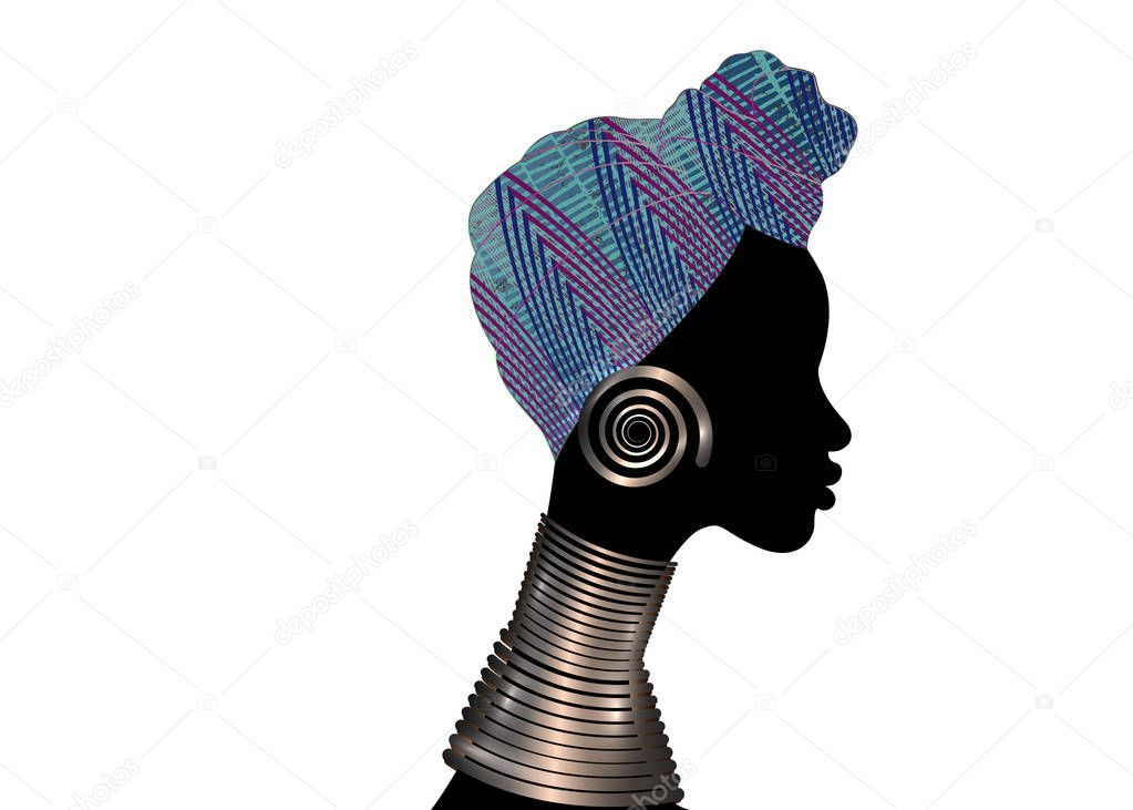 portrait beautiful woman. Shenbolen Ankara Headwrap Women African Traditional Headtie Scarf Turban. Colorful Kente head wraps African fabric design with ethnic jewels Vector icon logo isolated