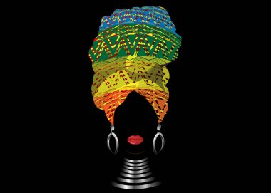 Afrika eşarp, portre geometrik türban içinde Afro kadın. Kabile Wrap moda, Ankara, Kenté, Kitenge, Afrikalı kadın elbiseler. Nijeryalı tarzı, Gana headwrap. Vektör baskı, poster, t-shirt, kart için
