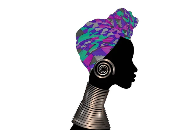 Portret mooie vrouw. Shenbolen Ankara Headwrap vrouwen Afrikaans traditioneel Headtie sjaal tulband. Kleurrijke Kente hoofd wraps Afrikaanse weefsel ontwerp met etnische juwelen Vector Icon logo geïsoleerd — Stockvector