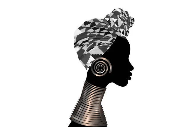 Portrait belle femme. Shenbolen Ankara Headwrap Femmes foulard traditionnel africain Turban. La tête colorée de Kente enveloppe la conception africaine de tissu avec des bijoux ethniques logo d'icône de vecteur isolé — Image vectorielle