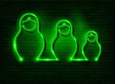 Neon işareti Rus yuvalama bebek matrioska, Rusya'nın ışıklı simge sembolü ayarlayın. Yeşil set neon Matryoshka moda stili, Rus bar işareti vektör koyu yeşil tuğla duvar arka plan izole