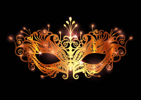 Carnaval masker pictogram gouden silhouet geïsoleerd op zwarte achtergrond. Lasergesneden masker met Venetiaanse borduurwerk bloemen decoratie. Gouden glanzende luxe vector illustratie ontwerp — Stockvector