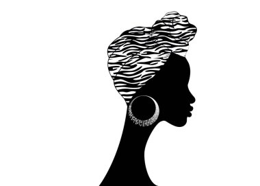 portre güzel Afro kadın. Shenbolen Ankara Headwrap kadınlar Afrika geleneksel Headtie eşarp türban. Colorful Kenté kafa Afrika kumaş tasarımı, Zebra doku sarar. Vektör simge logosu yalıtılmış