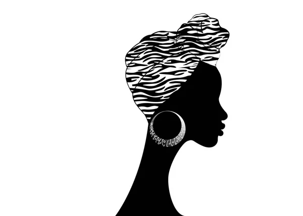 Retrato bela mulher afro. Shenbolen Ankara Headwrap Mulheres Africano tradicional Headtie cachecol turbante. Cabeça Kente colorida envolve design de tecido africano, textura zebra. Logotipo do ícone vetorial isolado — Vetor de Stock