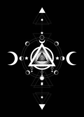 Providence 'ın gözü. Masonik sembolü. Üç ay pagan Wicca Moon Tanrıça sembolü içinde tüm görme göz. Vektör Illustration. Dövme, Astroloji, simya, Boho ve büyü sembolü. Ay fazı çemberi