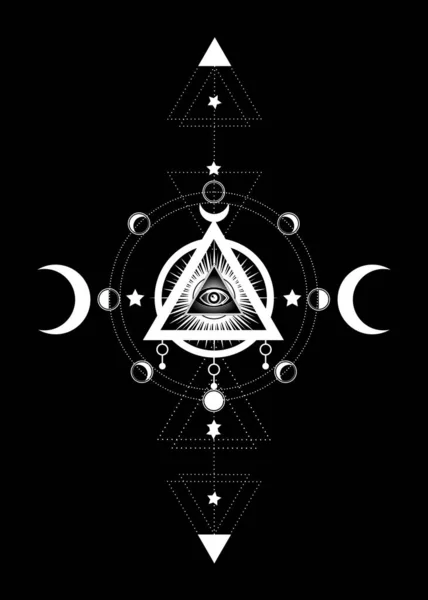 Eye of Providence. Masonic symbol. All seeing eye inside triple moon pagan Wicca moon goddess symbol. Vector illustration. Tattoo, astrology, alchemy, boho and magic symbol. Circle of a moon phase — Stock Vector