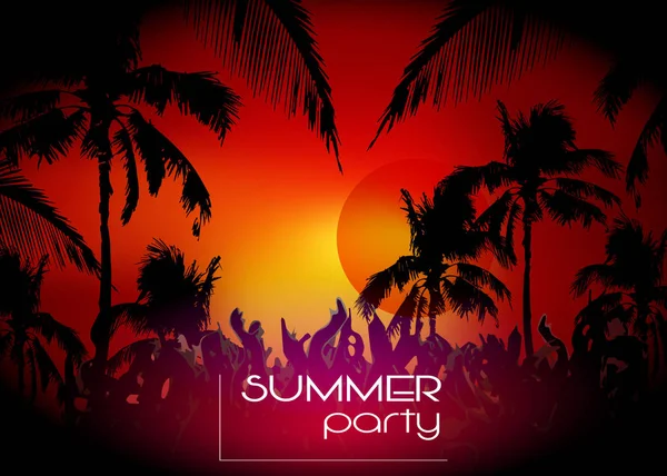 Vector Olá Verão Beach Party Flyer, disco fundo do pôr do sol do partido — Vetor de Stock