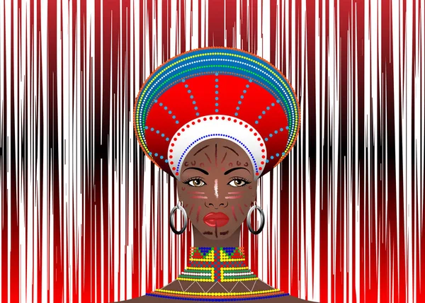 Roupas Tribo Africano Feminino Zulu Retrato aborígine de mulher sul-africana bonito da nação Bantu. Típico Afro Headdress com brincos étnicos e colar. Vetor isolado geométrico aleatório estrias — Vetor de Stock