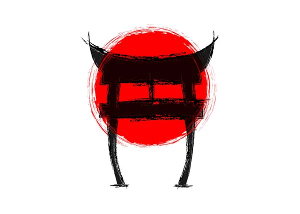 Ιαπωνική πύλη, torii, απομίμηση της κόκκινης ιαπωνικής σημαίας, ανατέλλει ο ήλιος ως φόντο. Σύμβολο του Σίντο. Με μελάνι. Απομονωμένος σε λευκό φόντο. Σύμβολο της Ιαπωνίας. Σχεδιασμός για ταξιδιωτική αφίσα, πανό — Διανυσματικό Αρχείο