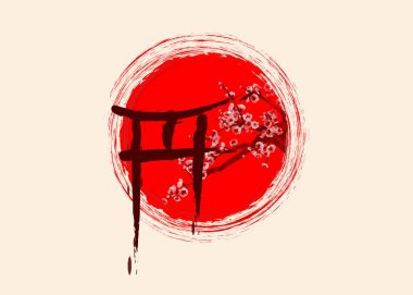 Torii kapıları ve sakura şube çiçekleri ile el geleneksel Japon tarzı sumi-e vintage kağıt izole mürekkep le çizilmiş. Japonya'nın sembolü. Seyahat afişi, afiş için tasarım