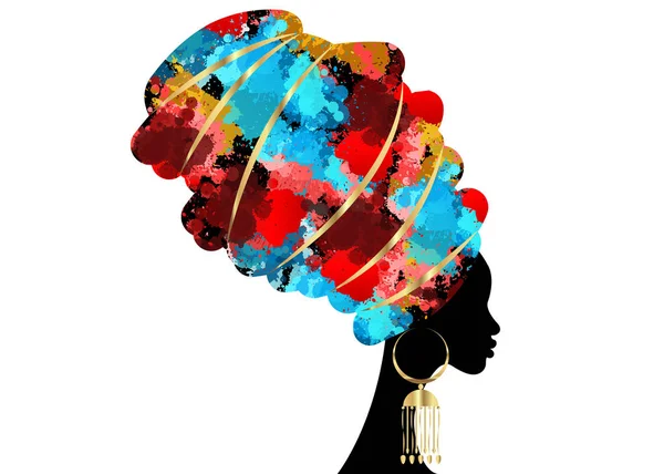 Portrait beautiful African woman in traditional turban, Kente head wrap African, Traditional dashiki printing, black women vector silhouette isolated with traditional gold earrings, hairstyle concept — Stock Vector