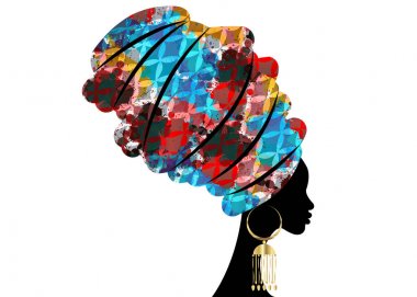 portre geleneksel Türban, başşehir baş şal Afrika, güzel Afrikalı kadın geleneksel dashiki yazdırma siyah kadınlar geleneksel altın küpe, saç modeli kavramı ile izole siluet vektör