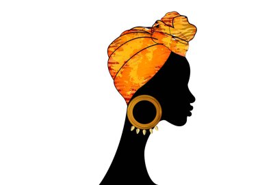 portre güzel Afro kadın. Shenbolen Ankara Headwrap Kadın Afrika Geleneksel Headtie Eşarp Türban. Renkli Kente kafa Afrika kumaş tasarımı, eski zebra doku sarar. Vektör simgesi logosu yalıtılmış