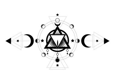 Masonik sembol. Kutsal Vajina içinde üçlü ay pagan Wicca ay tanrıçası simgesi. Vektör illüstrasyon. Dövme, astroloji, simya, Adet Döngüsünün Evreleri, adet in ay evresi, mistik göz